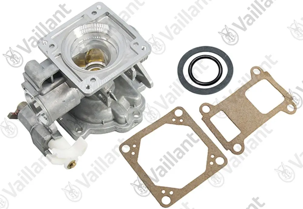 Vaillant Gasgehäuse mit Dichtungen und Montagesatz, geeignet für Heizungsanwendungen. Komponenten zeigen Metall- und Gummiteile zur Installation.